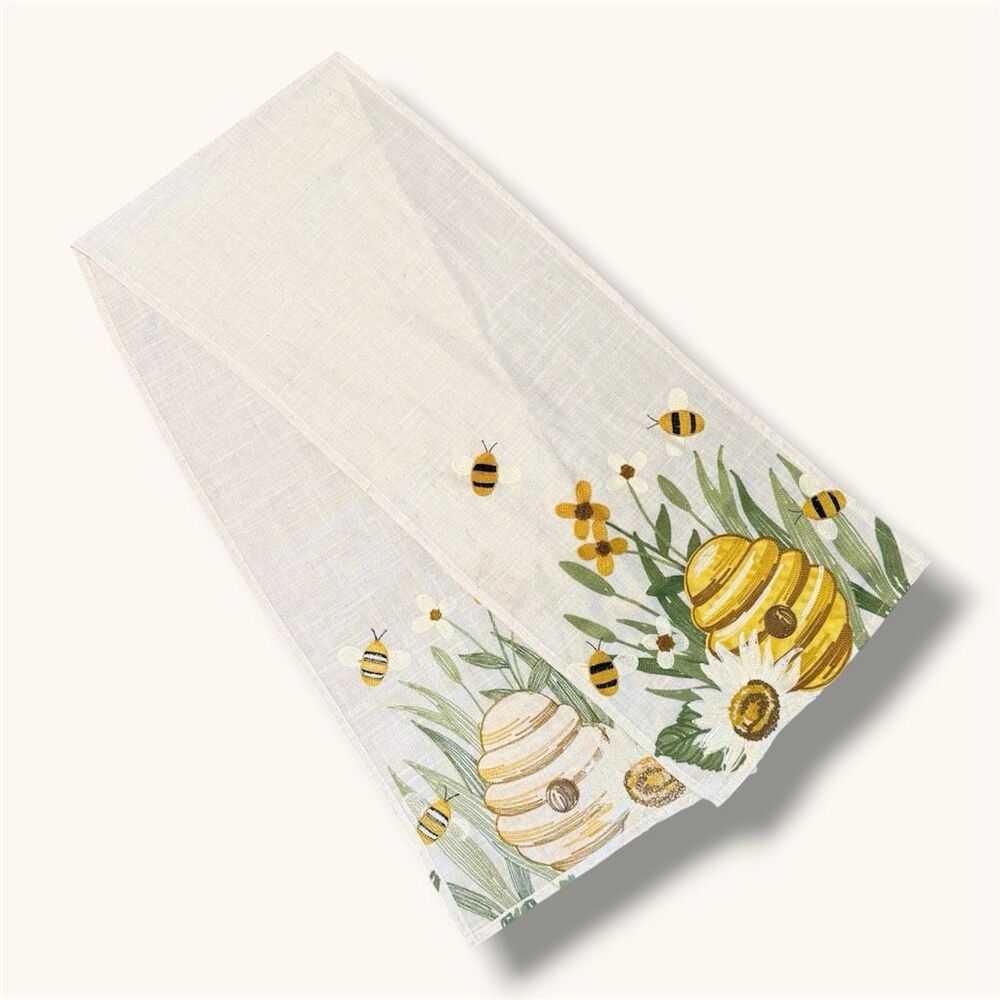 Vintage Embroidered Embroidery Cream Linen Tan Floral Bee Bumblebee Table Runner